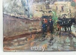 Antique Painting, Animated Street, Oil On Isorel, Signature To Be Identified, 20th