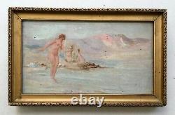 Antique Painting, Bathers, Symbolic School, Small Framed Painting, 19th