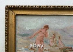 Antique Painting, Bathers, Symbolic School, Small Framed Painting, 19th