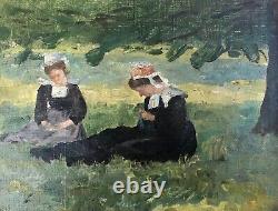Antique Painting, Bretones Outdoors In La Couture, Oil On Canvas XIX