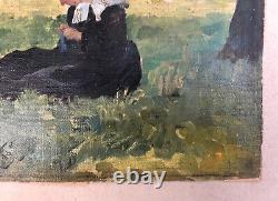 Antique Painting, Bretones Outdoors In La Couture, Oil On Canvas XIX