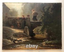 Antique Painting By Auguste Delierre, Lavandieres, Oil On Canvas, 19th