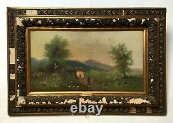 Antique Painting By L. Bizot, Animated Landscape, Oil On Canvas, Box, 19th