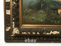 Antique Painting By L. Bizot, Animated Landscape, Oil On Canvas, Box, 19th