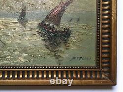 Antique Painting By Nerlow, Animated Port, Marine, Oil On Cardboard, Early 20th Century