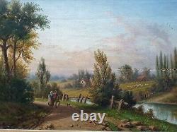 Antique Painting By V. Ista Animated Landscape Marouflage Oil On Panel Xixth