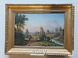 Antique Painting By V. Ista Animated Landscape Marouflage Oil On Panel Xixth