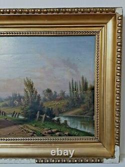 Antique Painting By V. Ista Animated Landscape Marouflage Oil On Panel Xixth