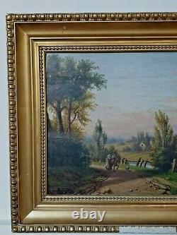 Antique Painting By V. Ista Animated Landscape Marouflage Oil On Panel Xixth