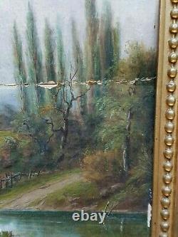 Antique Painting By V. Ista Animated Landscape Marouflage Oil On Panel Xixth