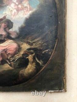 Antique Painting, Galante Scene Under Putti's Eyes, Oil On Canvas XIX