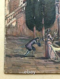 Antique Painting, Gallant Scene in a Park, Oil on Cardboard, Early 20th Century Painting