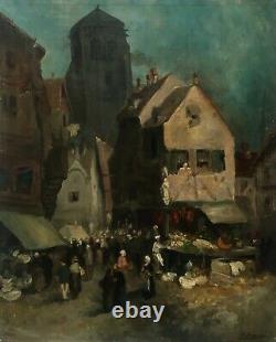 Antique Painting, Henri Barnoin Market Scene In Brittany, Oil On Canvas, 20th