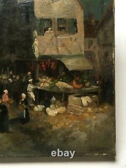 Antique Painting, Henri Barnoin Market Scene In Brittany, Oil On Canvas, 20th