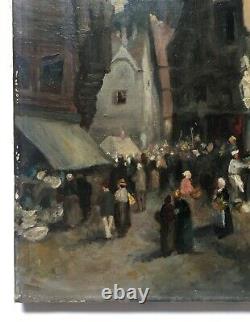 Antique Painting, Henri Barnoin Market Scene In Brittany, Oil On Canvas, 20th