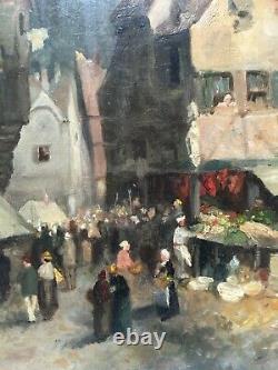 Antique Painting, Henri Barnoin Market Scene In Brittany, Oil On Canvas, 20th