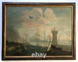 Antique Painting, Important Oil On Framed Canvas, Animated Port, XVIII Or XIX