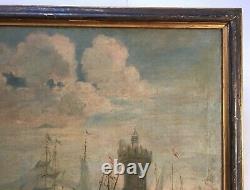 Antique Painting, Important Oil On Framed Canvas, Animated Port, XVIII Or XIX