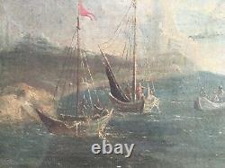 Antique Painting, Important Oil On Framed Canvas, Animated Port, XVIII Or XIX