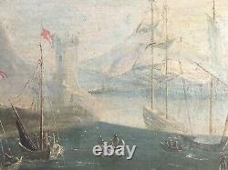 Antique Painting, Important Oil On Framed Canvas, Animated Port, XVIII Or XIX