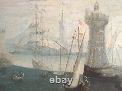 Antique Painting, Important Oil On Framed Canvas, Animated Port, XVIII Or XIX