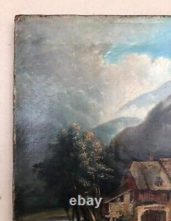 Antique Painting, Maison Au Bord De La Rivière, Oil On Canvas, Painting, 19th