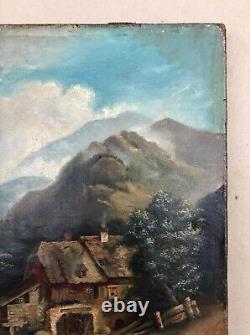 Antique Painting, Maison Au Bord De La Rivière, Oil On Canvas, Painting, 19th