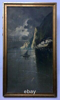 Antique Painting, Marine Nocturne, Oil On Canvas Marouflée Sur Carton, Early 20th Century