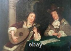 Antique Painting, Oil On Canvas, Couple Of Musicians In An Interior, 19th Century