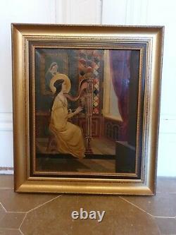 Antique Painting, Oil On Canvas Harpist Player Signed