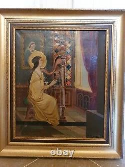 Antique Painting, Oil On Canvas Harpist Player Signed