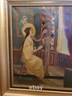 Antique Painting, Oil On Canvas Harpist Player Signed