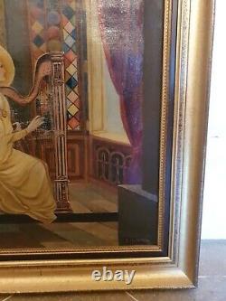 Antique Painting, Oil On Canvas Harpist Player Signed