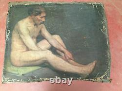 Antique Painting Oil On Canvas Inconnu (xixe-s) Man Nude Sitting