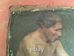 Antique Painting Oil On Canvas Inconnu (xixe-s) Man Nude Sitting