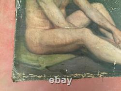 Antique Painting Oil On Canvas Inconnu (xixe-s) Man Nude Sitting
