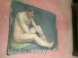 Antique Painting Oil On Canvas Inconnu (xixe-s) Man Nude Sitting