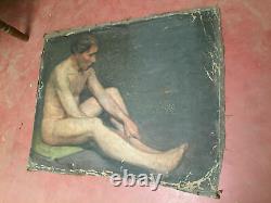 Antique Painting Oil On Canvas Inconnu (xixe-s) Man Nude Sitting