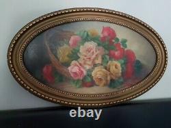 Antique Painting, Oil On Canvas Signed Mascarey Still Life Pink