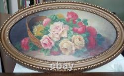 Antique Painting, Oil On Canvas Signed Mascarey Still Life Pink