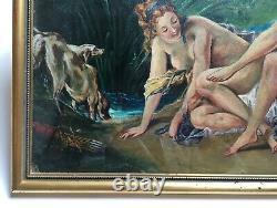 Antique Painting, Oil On Cardboard, Diane Huntresse, Box And Under Glass, 20th Century