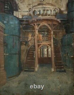 Antique Painting, Oil On Panel, Factory Workshop, Drawing, 19th Century