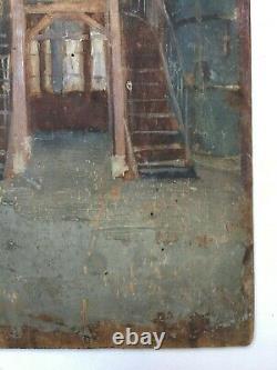 Antique Painting, Oil On Panel, Factory Workshop, Drawing, 19th Century