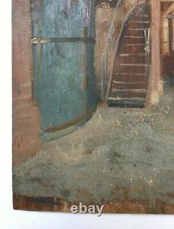 Antique Painting, Oil On Panel, Factory Workshop, Drawing, 19th Century