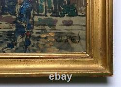 Antique Painting, Oil On Panel, Monogram, Animated Street, City, Early 20th Century