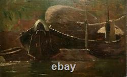 Antique Painting, Oil On Parquet Panel, Barque At Anchor, Early 20th Century