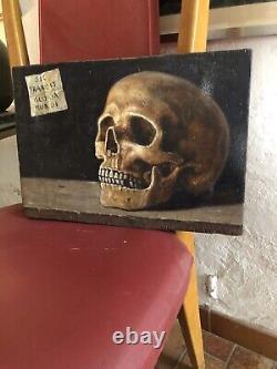 Antique Painting Oil On Wood Head Of Death