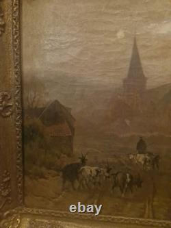 Antique Painting, Oil on Canvas, Landscape with Goats, Signed