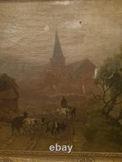 Antique Painting, Oil on Canvas, Landscape with Goats, Signed