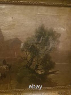 Antique Painting, Oil on Canvas, Landscape with Goats, Signed